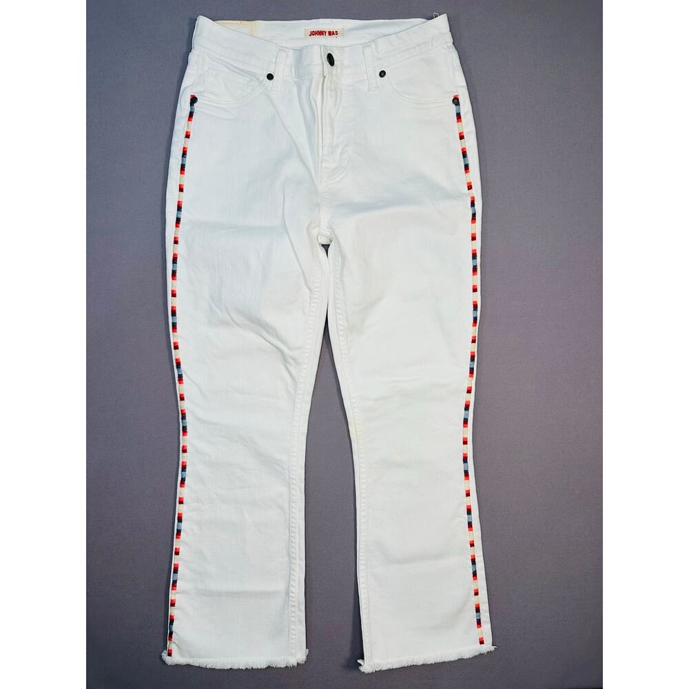 Johnny Was Baby Boot White Cropped Jeans with Embroidered Trim Size 27